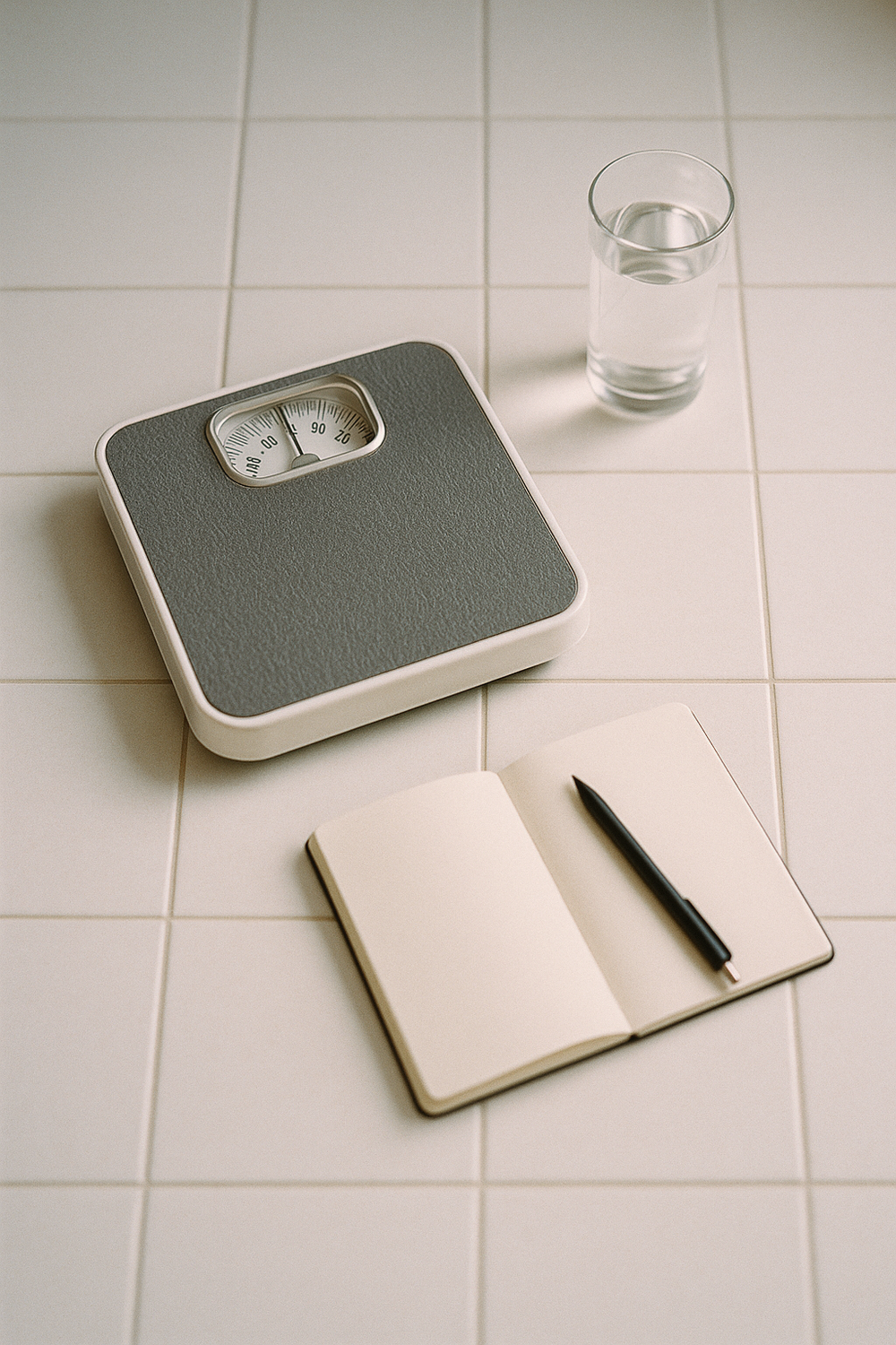 A simple bathroom scale on white tile, a tall glass of water, and a small open notebook with a pen. Cool natural light, minimal composition. No faces, no hands, no text, no logos.