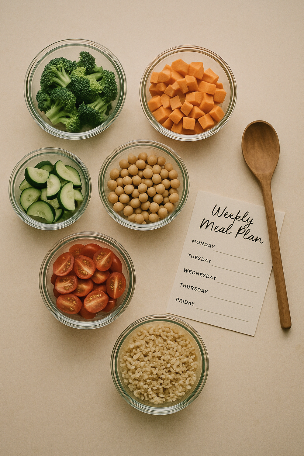 Several small glass containers of prepped vegetables and grains on a warm cream countertop, with a handwritten weekly meal plan card beside them and a wooden spoon resting nearby. Warm natural light, earthy and calm. No faces, no hands, no text, no logos.