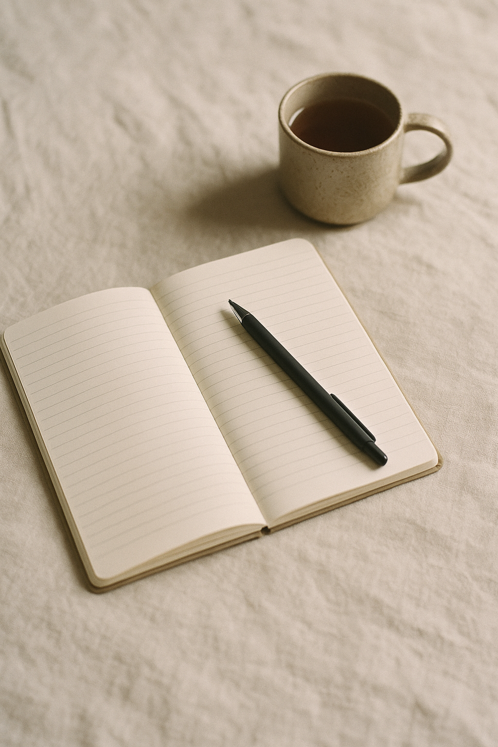 A small notebook open to a food diary page with a pen resting across it, a glass of water, and a few pieces of fresh fruit arranged on a light wooden surface, no text, no logos