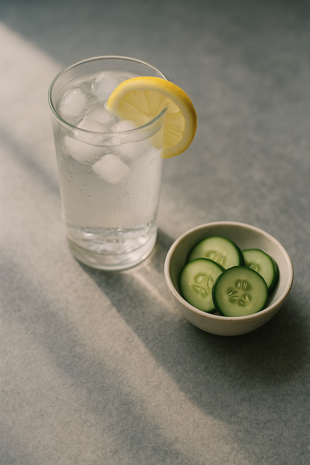 A tall glass of water with ice and a lemon slice beside a small bowl of cucumber slices on a cool grey stone surface, morning light casting gentle shadows, no text, no logos