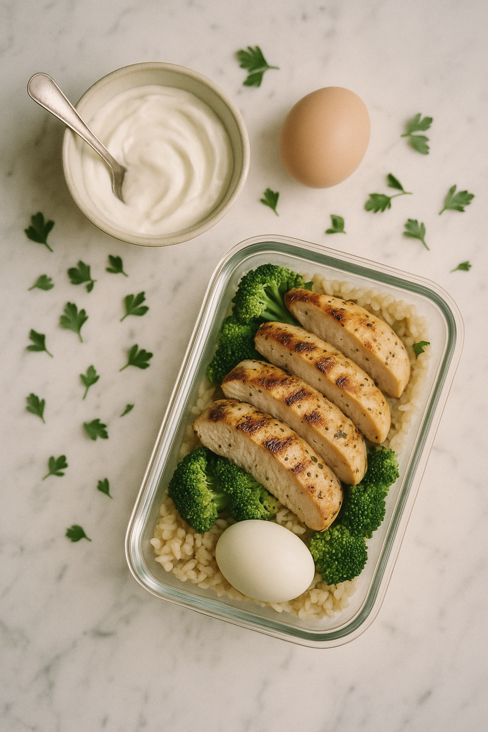 Overhead flat lay of a meal prep container with grilled chicken, a small dish of Greek yogurt, a boiled egg, and fresh herbs on a white marble surface, no faces, no hands