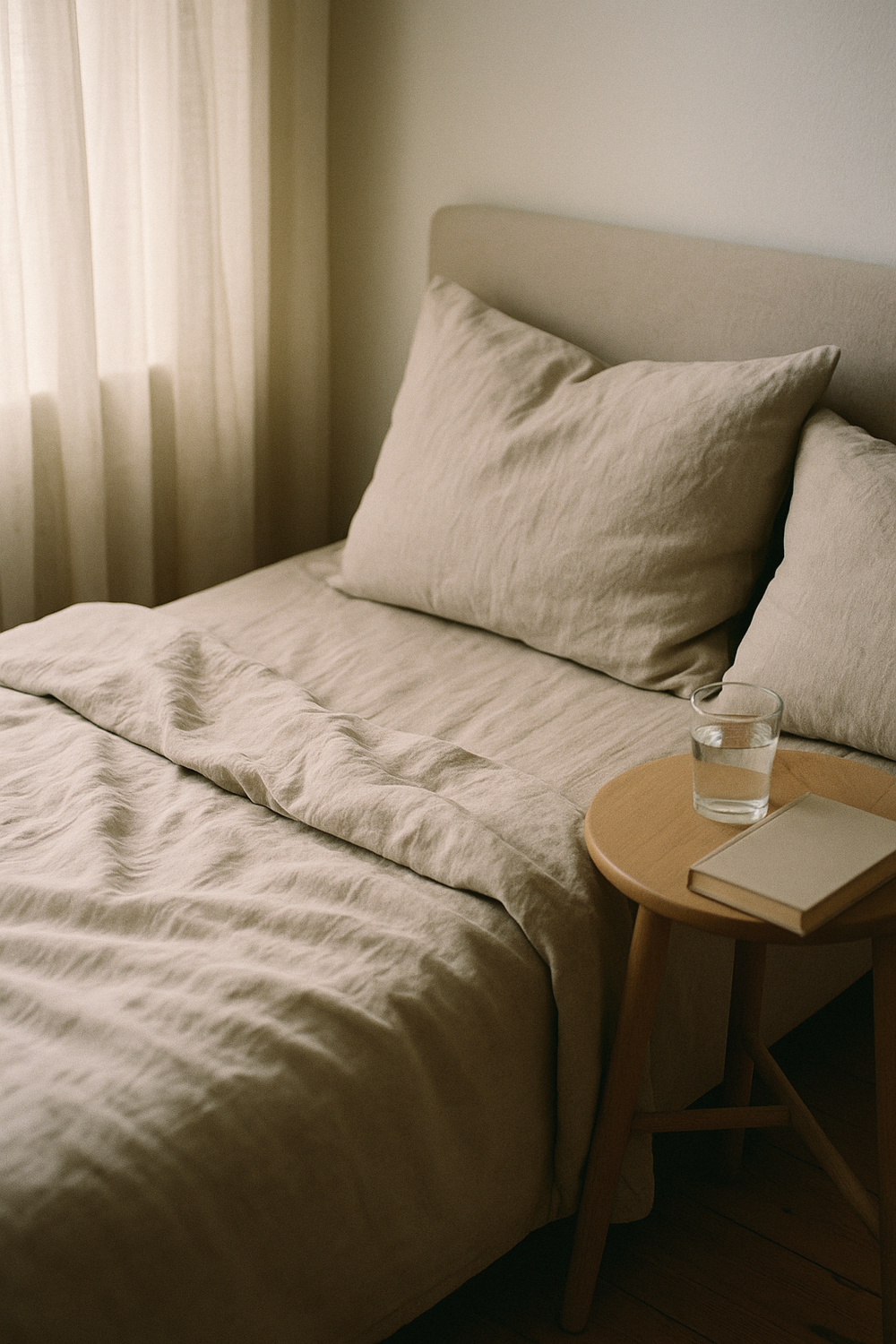 Calm bedroom scene with soft morning light filtering through sheer curtains, a neatly made bed with neutral linen pillows, a small bedside table with a glass of water and a closed book, no faces, no hands