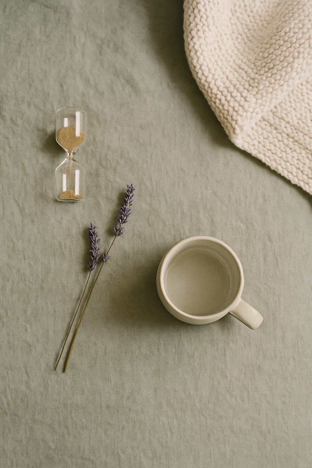 A small hourglass timer, a sprig of lavender, a folded blanket corner, and a simple ceramic mug empty and cooling. No text, no logos, no faces, no hands