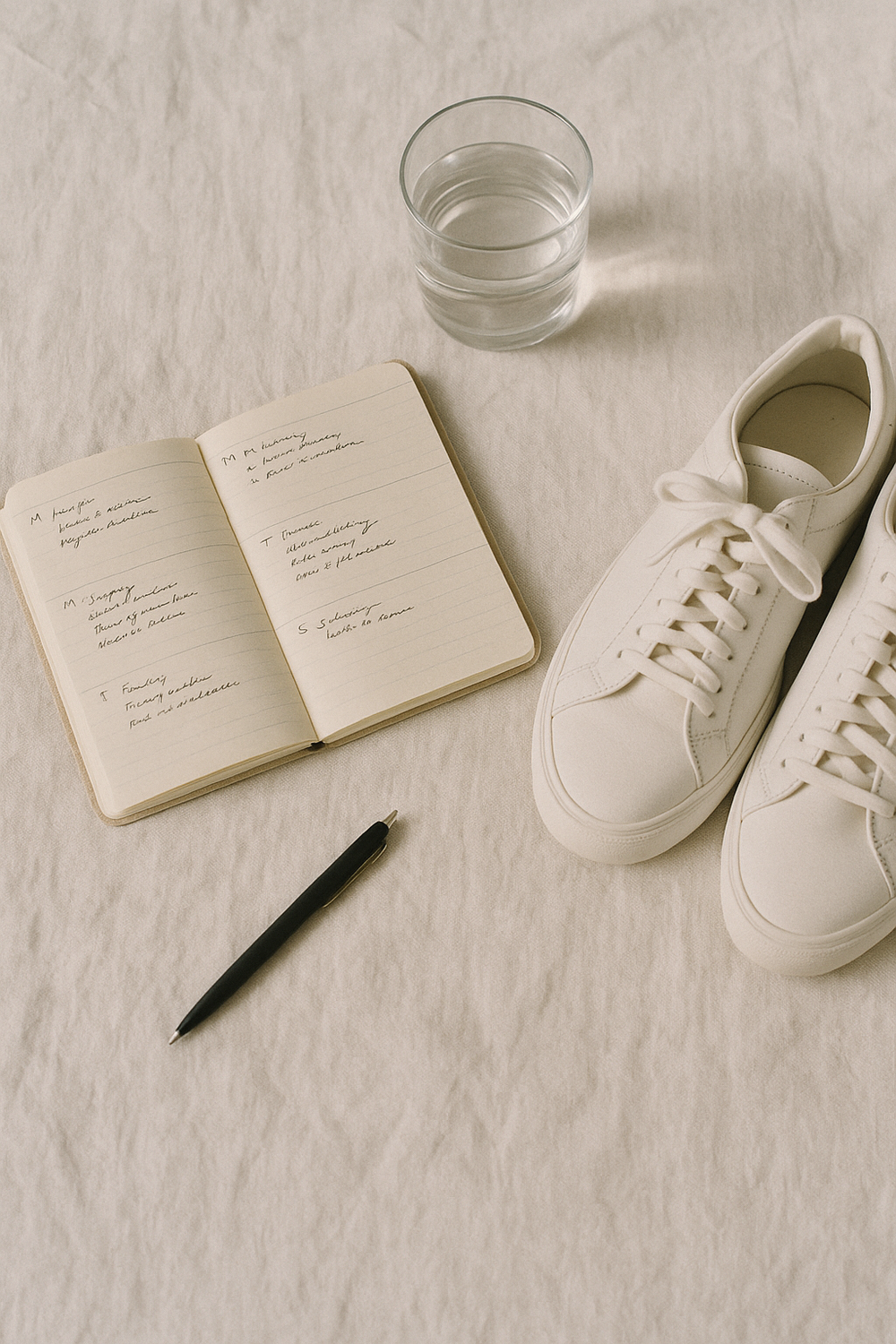 A small open journal with handwritten notes, a foam roller, a glass of water, and a pair of low-top sneakers resting on a light wood surface. Calm, grounded, purposeful. No faces, no hands.
