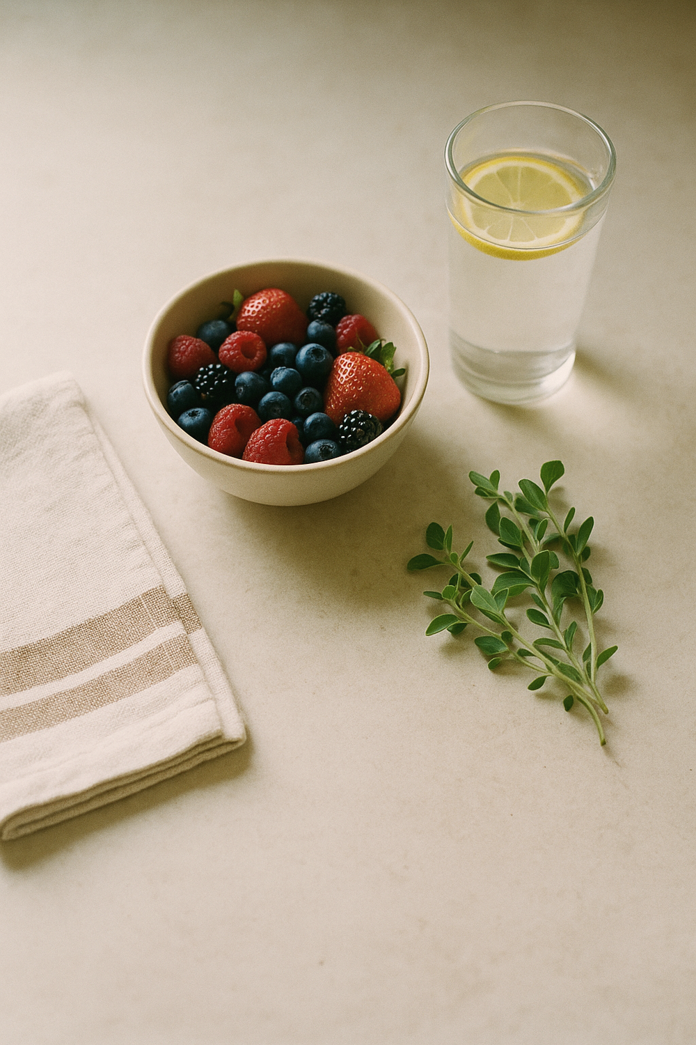A bowl of mixed berries, a tall glass of water with a lemon slice, a small journal open to a nutrition log, and a folded kitchen towel on a pale stone countertop. Calm, natural, grounded. No faces, no hands.