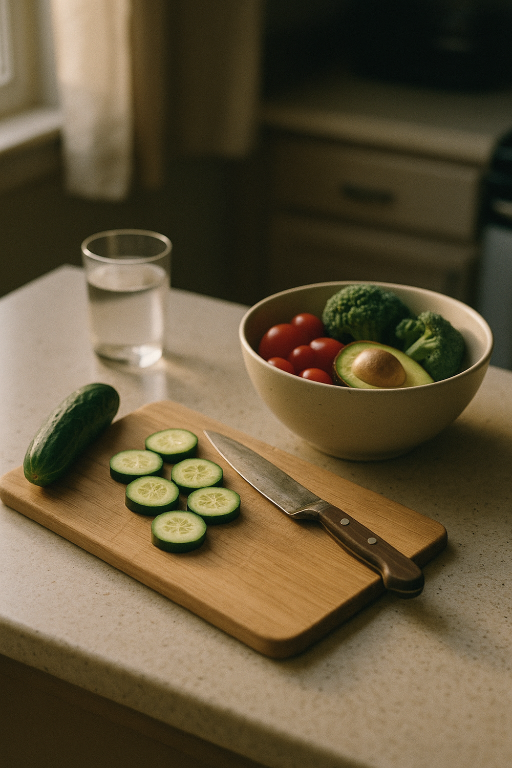 A kitchen counter with a simple meal prep setup - a cutting board, a bowl of vegetables, a glass of water. , no text, no logos
