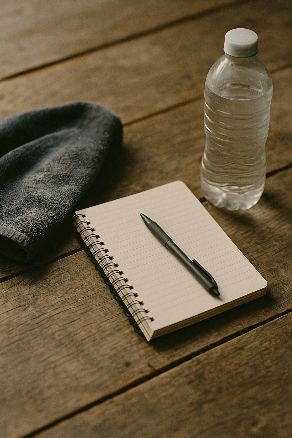 A spiral training journal half-open, a ballpoint pen laid across the page, a chalk-dusted gym towel folded nearby, and a water bottle. No text, no logos, no faces, no hands