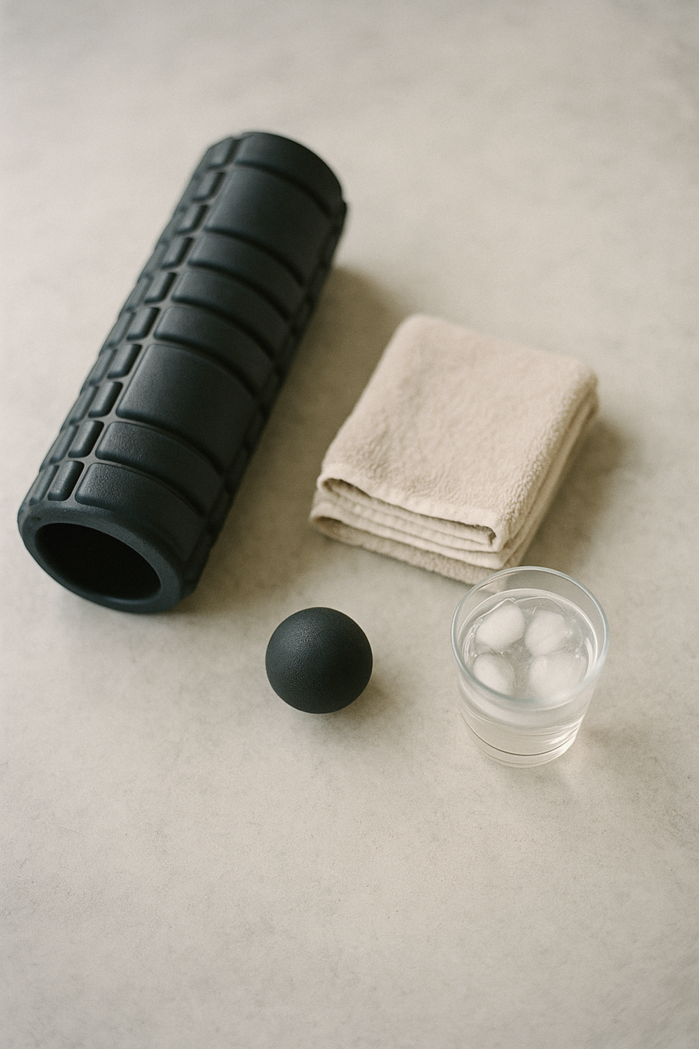 A foam roller, a lacrosse ball for trigger point work, a small towel, and a glass of water with ice. No text, no logos, no faces, no hands