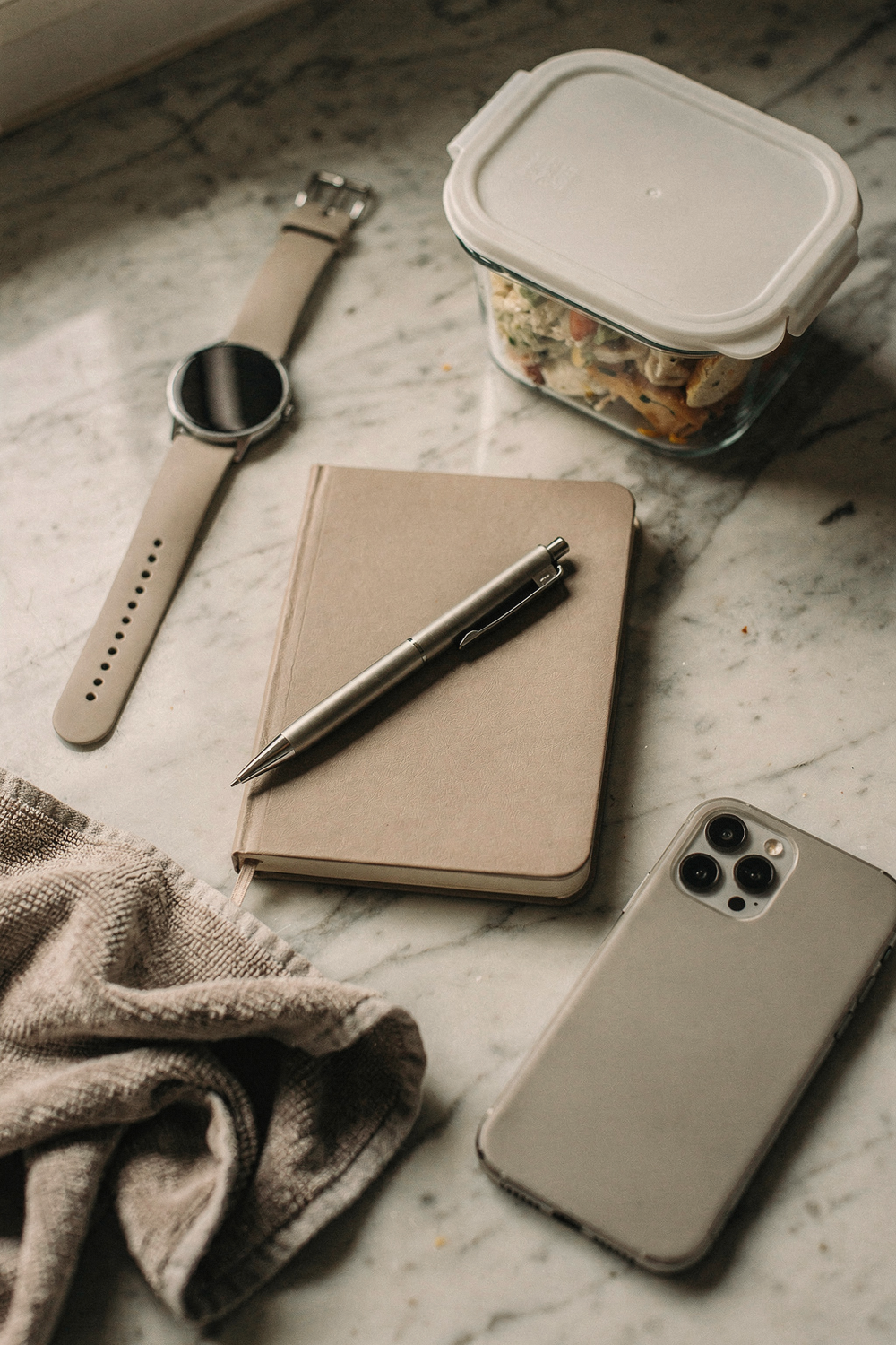 A sleep tracker watch, a meal prep container, a gym towel, a journal with pen, and a phone face-down. , no faces, no hands