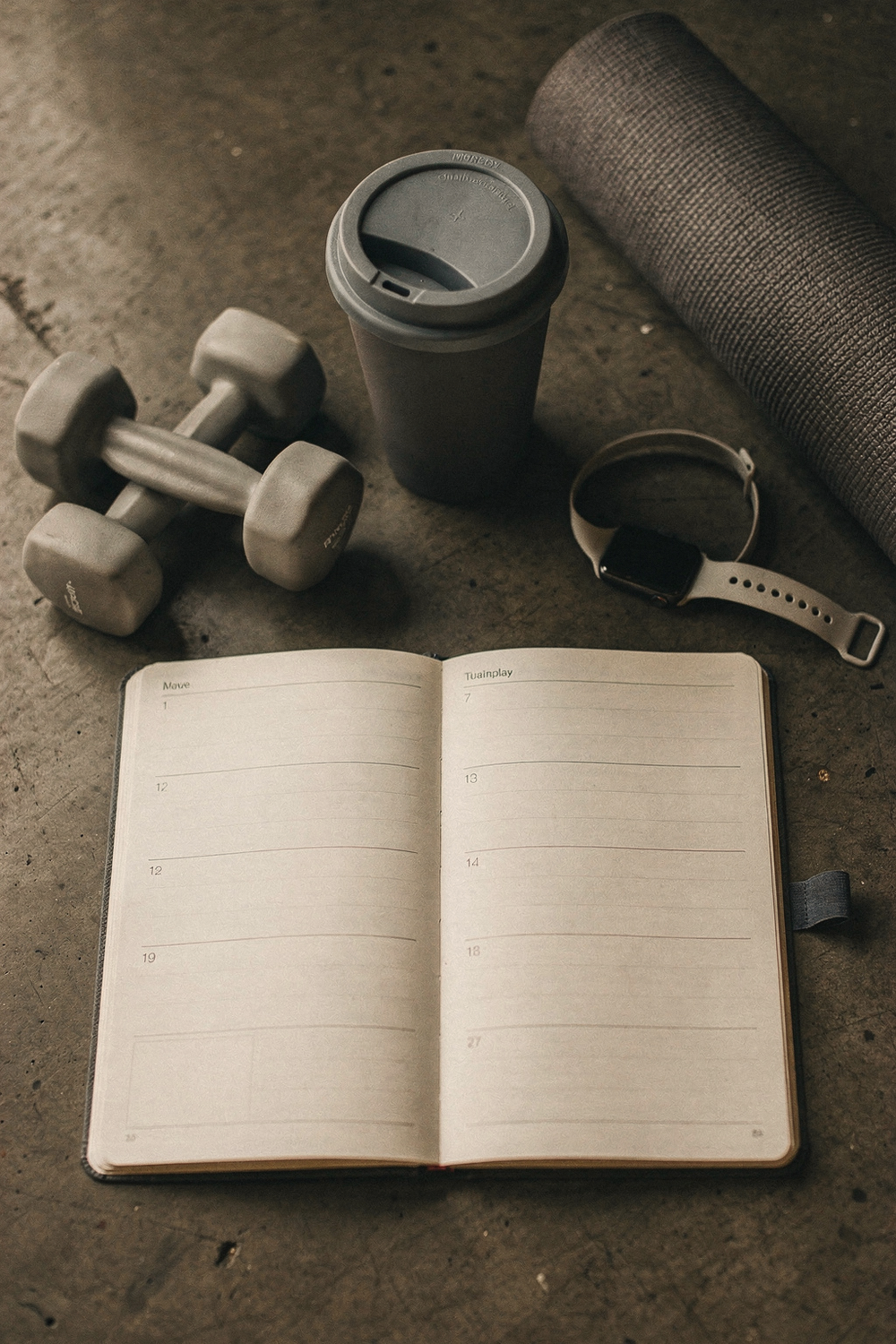 A planner open to a weekly spread, a set of small dumbbells, a reusable coffee cup, a fitness tracker, and a rolled yoga mat. , no faces, no hands