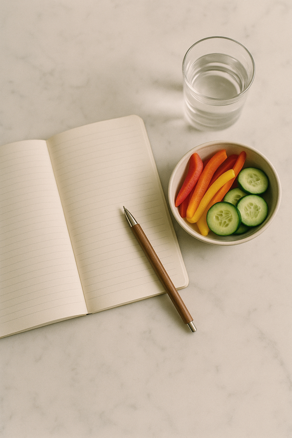 Overhead flat lay of an open notebook with a simple food log grid, a small bowl of almonds and sliced apple, and a glass of water on a light wood surface - no text, no logos