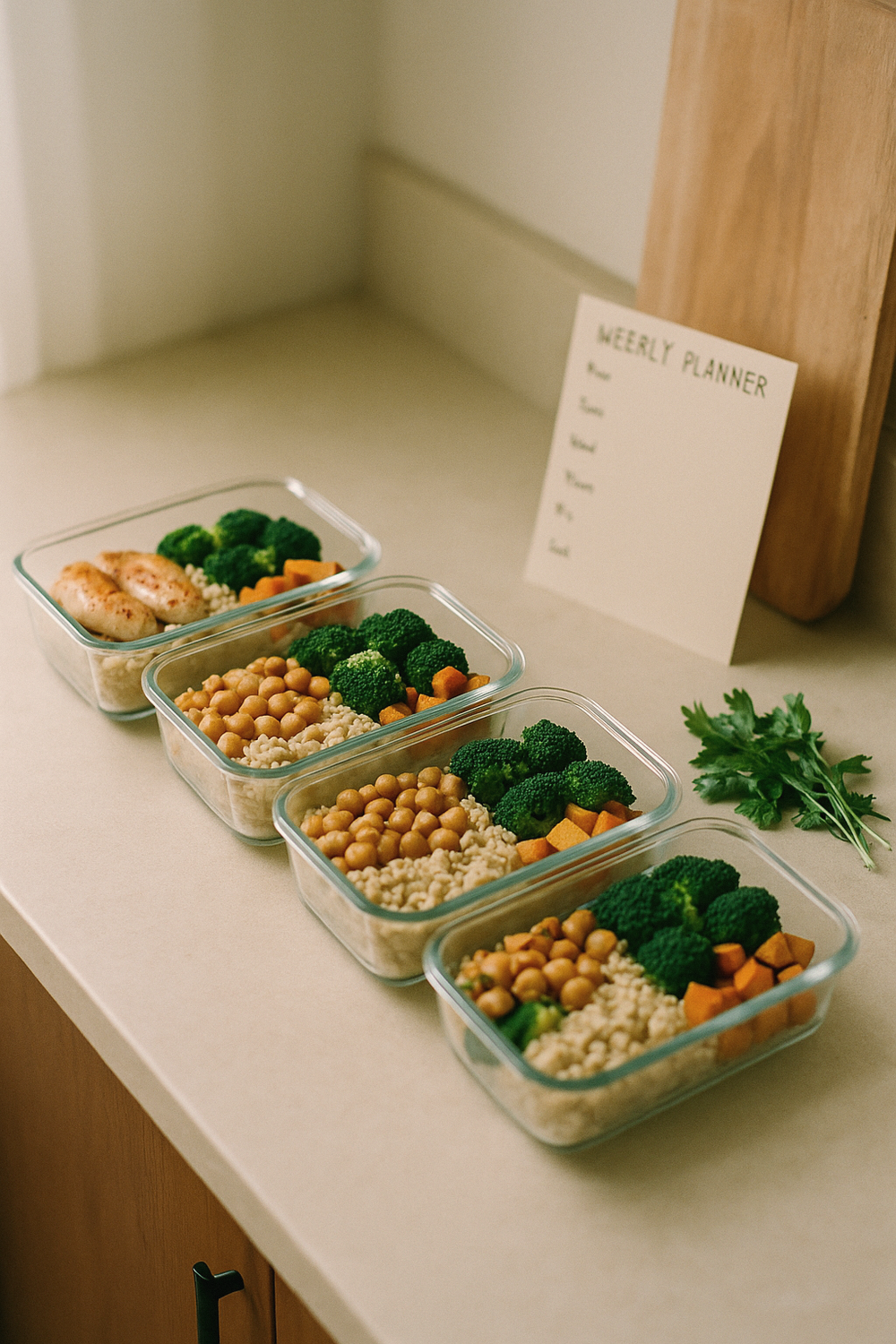 Overhead flat lay of four glass meal prep containers filled with colorful portioned food, a small handwritten weekly planner card, and fresh herbs on a light countertop - no text on containers, no logos
