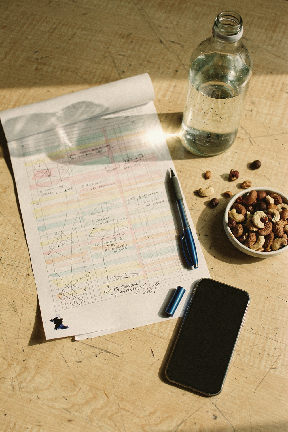Printed spreadsheet with handwritten annotations, a water bottle, mixed nuts, and a pen on a birch desk