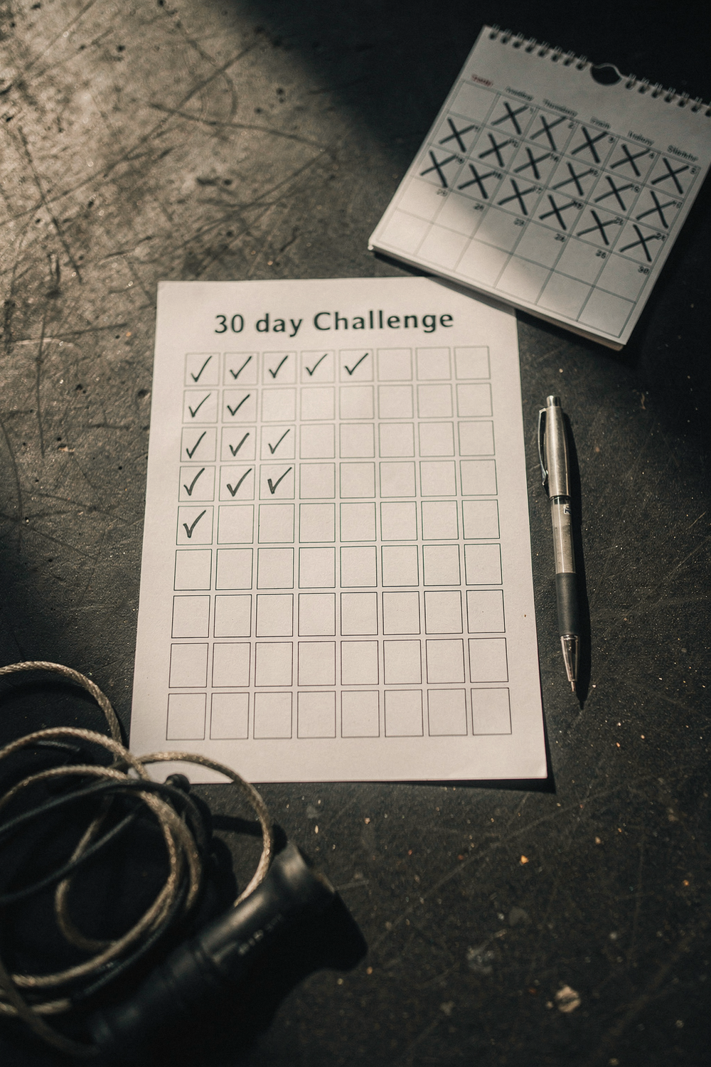 A 30-day challenge sheet checked off halfway, a jump rope, and a calendar with X marks that stop midway
