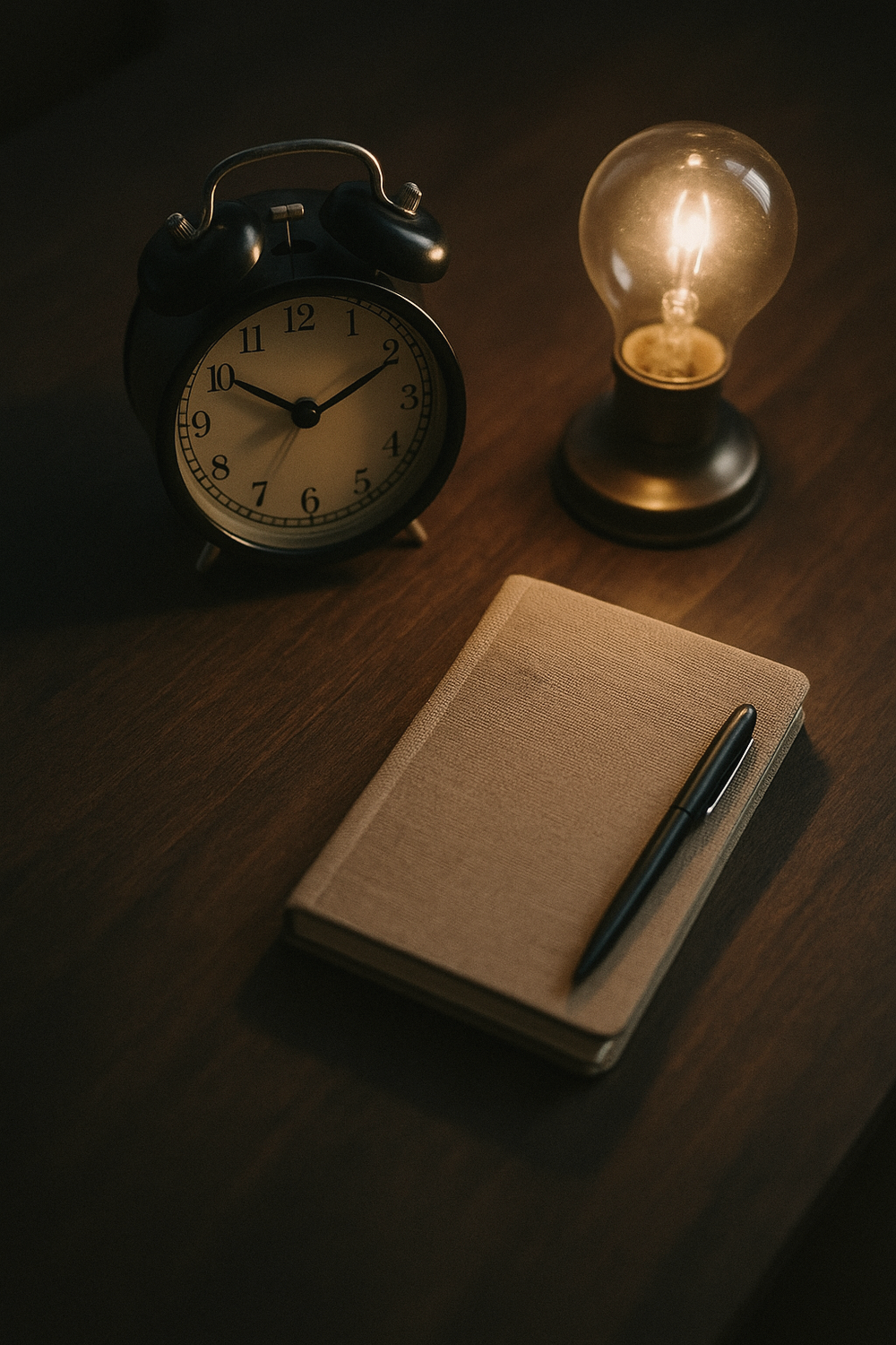An analog clock showing 9:30, a dim bedside lamp bulb beside it, a small journal, and a pen. No text, no logos, no faces, no hands