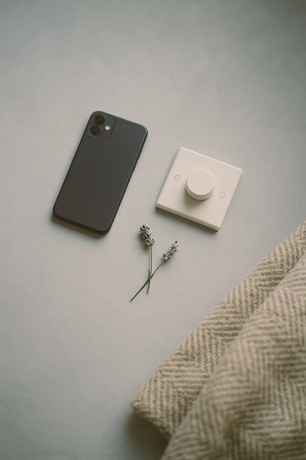 A phone placed face-down, a dimmer switch beside it, a small sprig of lavender, and a folded blanket edge in the corner. No text, no logos, no faces, no hands