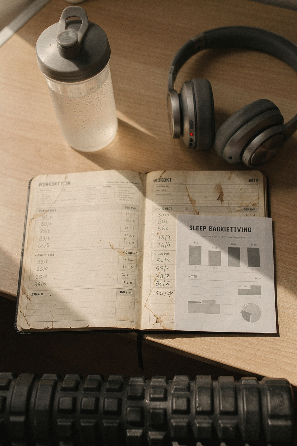 A workout journal open with logged sets, a protein shake, a sleep tracking printout, a foam roller end, and a pair of headphones