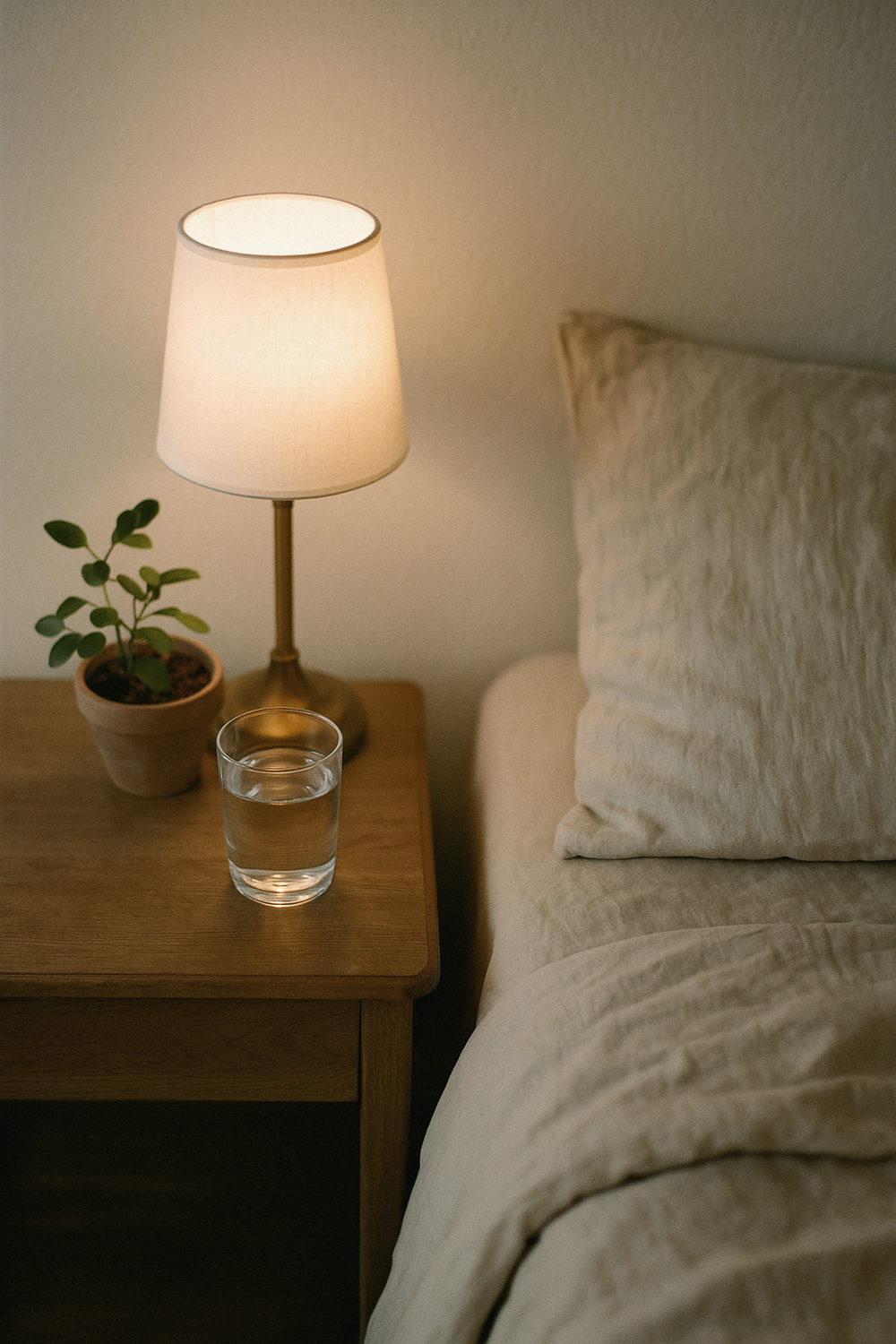 Linen bedding in a neutral tone visible at the edge. , no text, no logos