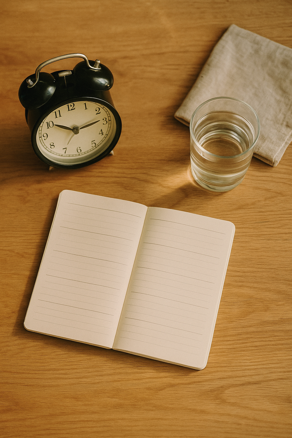 A classic analog alarm clock set to 6:30, a simple planner with days of the week visible, a glass of water, and a folded linen napkin. No text, no logos, no faces, no hands