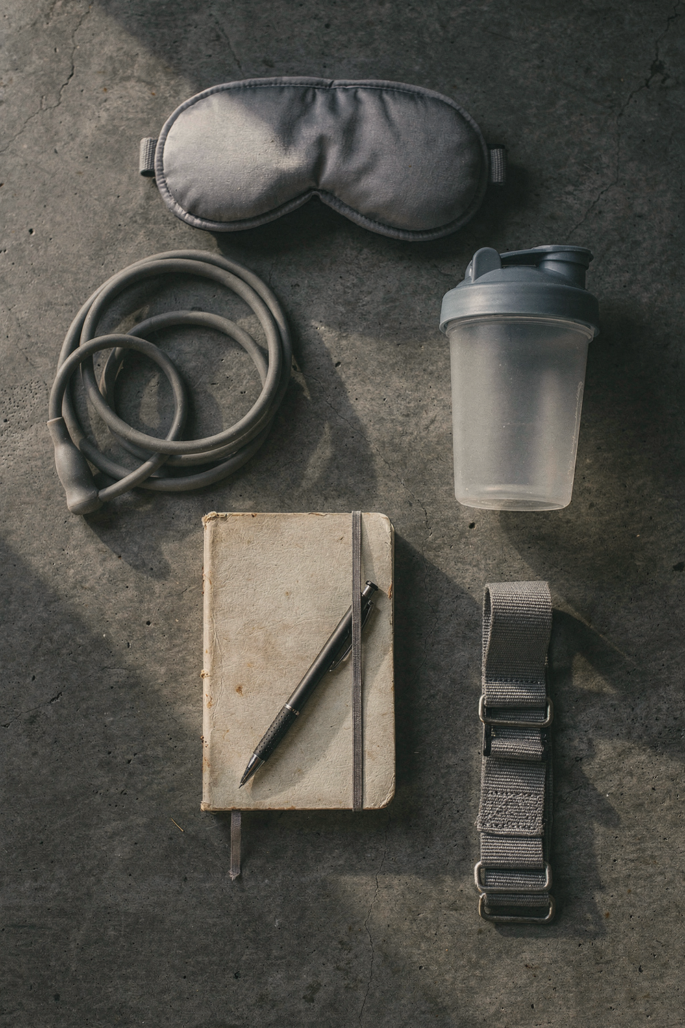 A resistance band, a sleep mask, a protein shaker bottle, a small notebook with a pen, and a stretching strap arranged in a loose grid