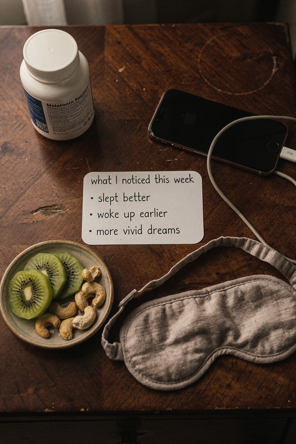 Unopened melatonin bottle, a phone face-down, a handwritten index card, kiwi slices, and an eye mask on a nightstand