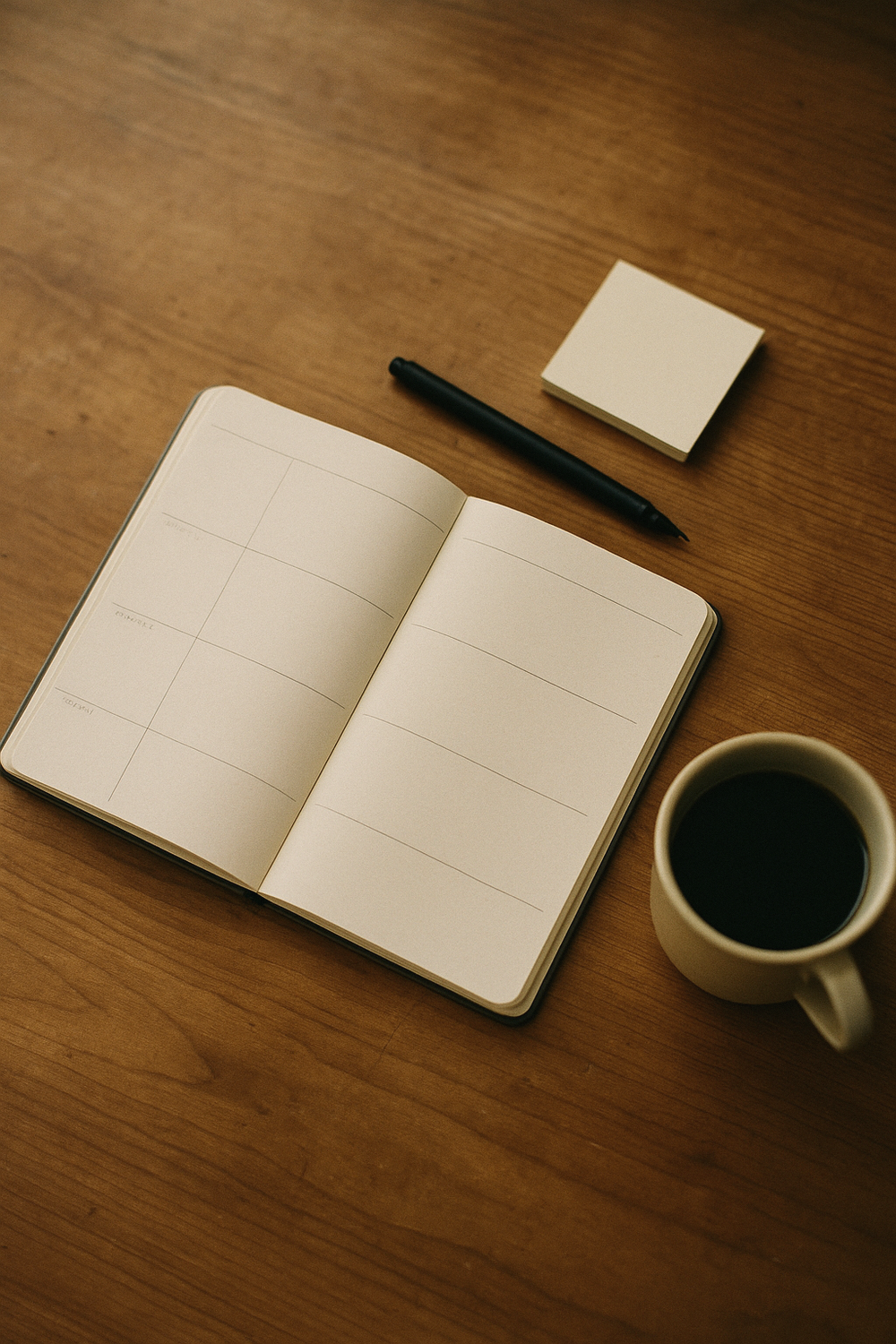 A blank weekly planner open to day one, a fine-tip pen, a small sticky note pad, and a cup of black coffee. , no text, no logos