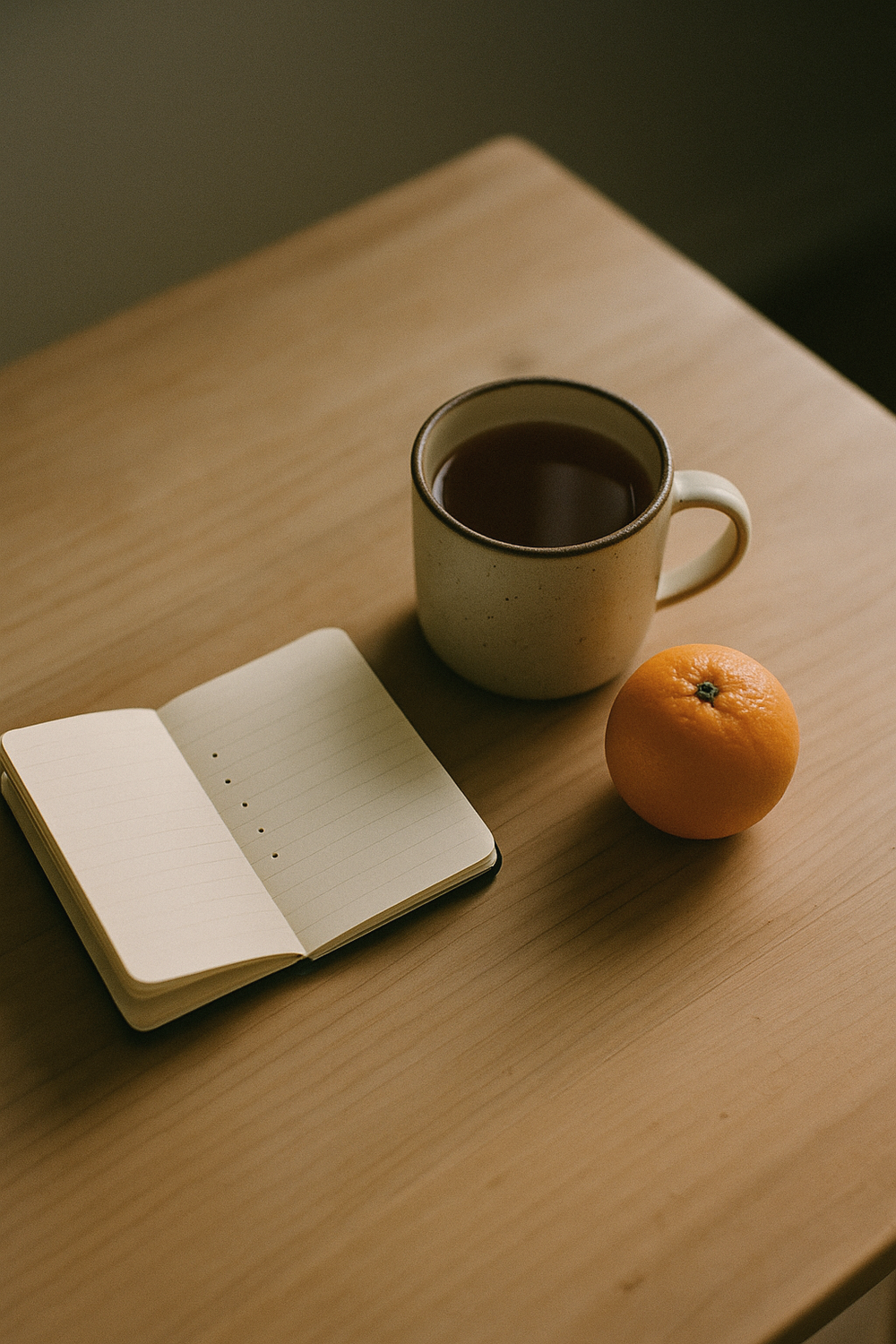 A small open notebook with a few bullet-point lines written, a mug of tea, and a piece of fruit beside it. , no text, no logos
