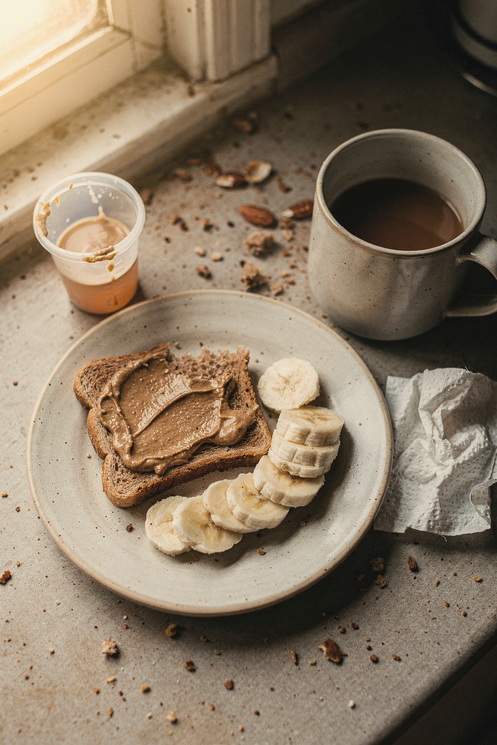Half-eaten toast with almond butter and banana, a sippy cup, and cold coffee on a kitchen counter