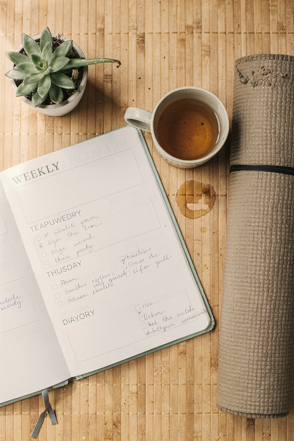Weekly planner with handwritten notes, herbal tea, a yoga mat cross-section, and a small succulent on bamboo