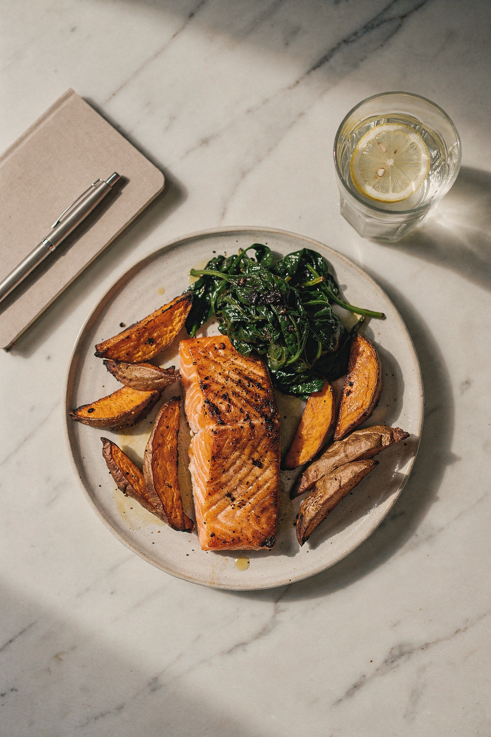Balanced meal plate with grilled salmon, sweet potato wedges, and sauteed spinach beside a notebook